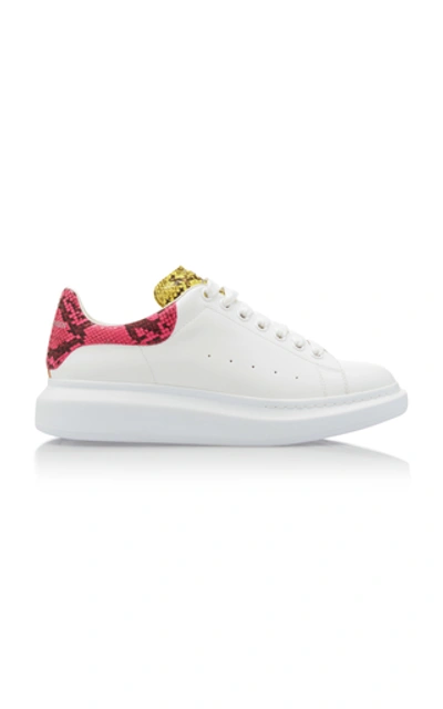 Shop Alexander Mcqueen Snake-effect Trimmed Leather Sneakers In White