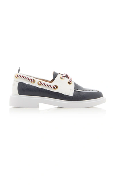 Shop Thom Browne Textured Leather Boat Shoes In Navy