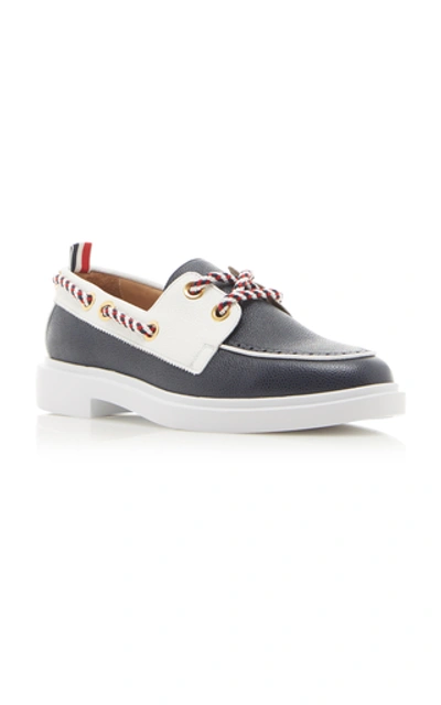 Shop Thom Browne Textured Leather Boat Shoes In Navy
