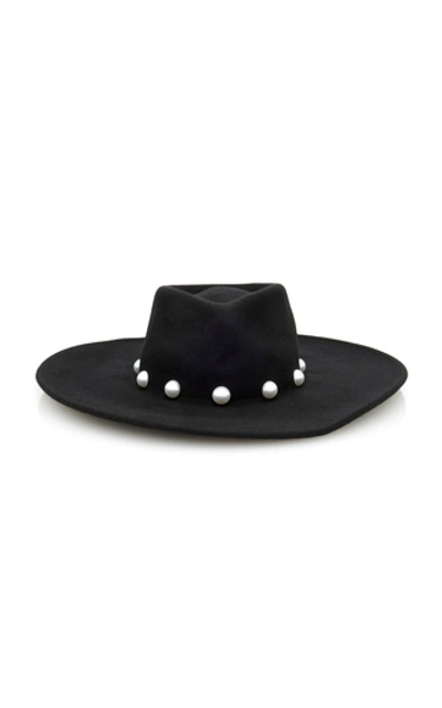 Shop Avenue Heather Faux Pearl-embellished Wool Fedora In Black