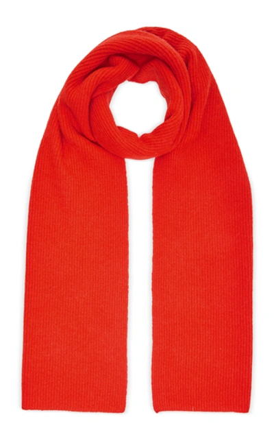 Shop Ganni Ribbed Wool-blend Scarf In Red