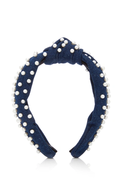Shop Lele Sadoughi Denim And Pearl Knotted Headband In Blue