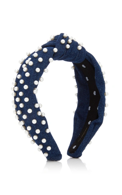 Shop Lele Sadoughi Denim And Pearl Knotted Headband In Blue