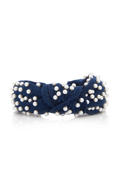 Shop Lele Sadoughi Denim And Pearl Knotted Headband In Blue