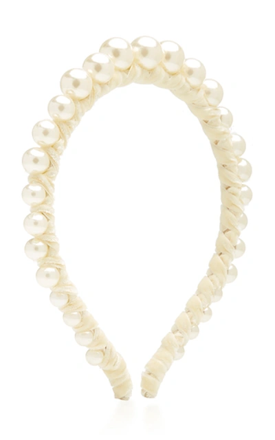 Shop Lele Sadoughi Graduated Pearl Velvet Strand Headband In Ivory