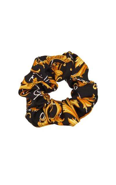 Shop Versace Printed Satin Hair Tie In Black