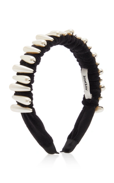 Shop Avenue Madison Alice Faux Pearl-embellished Velvet Headband In Black