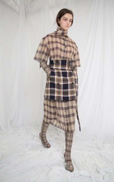 Shop Rokh Corset-accented Cotton-poplin Shirt Dress In Brown