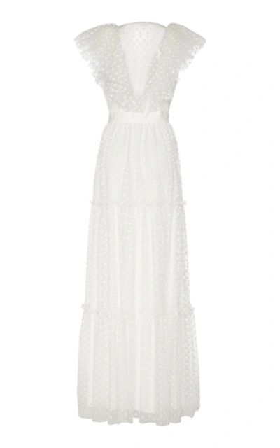Shop Philosophy Di Lorenzo Serafini Women's Ruffled Polka-dot Flocked Tulle Maxi Dress In White