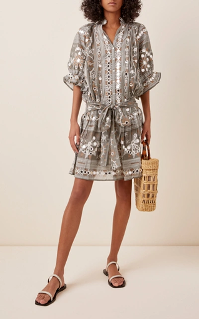 Shop Juliet Dunn Embroidered Cotton Mini Dress In Grey