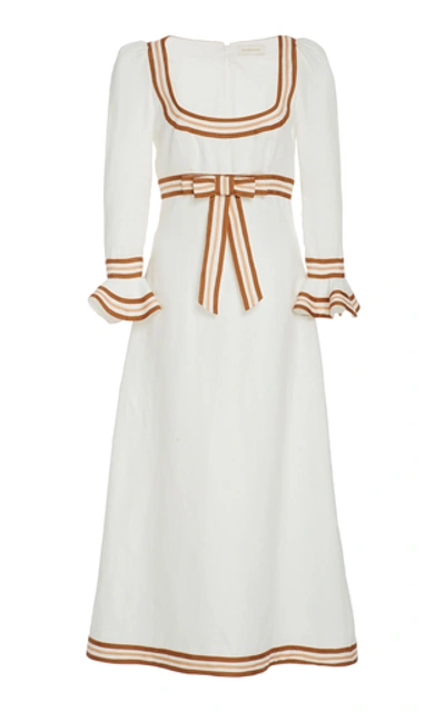 Shop Zimmermann Grosgrain-trimmed Linen Midi Dress In White