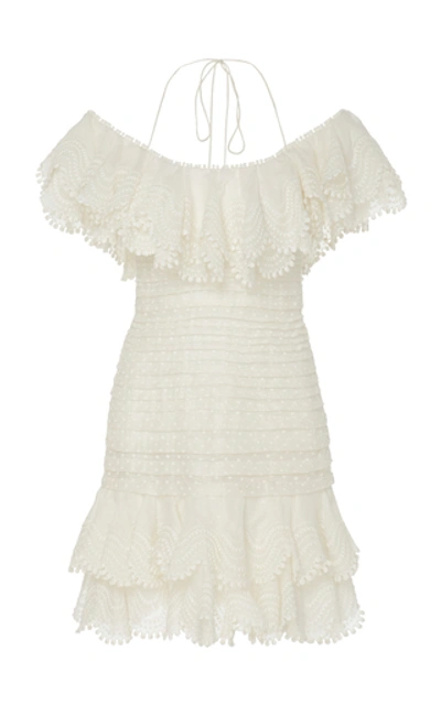 Shop Zimmermann Women's Ruffled Off-the-shoulder Linen-blend Mini Dress In White