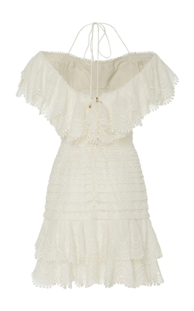 Shop Zimmermann Women's Ruffled Off-the-shoulder Linen-blend Mini Dress In White