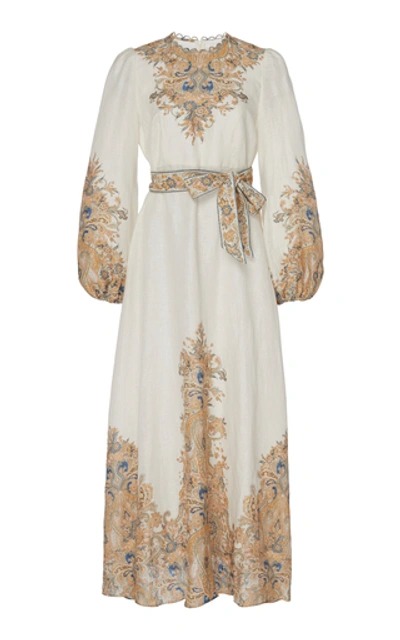 Shop Zimmermann Freja Belted Paisley-print Linen Maxi Dress In White