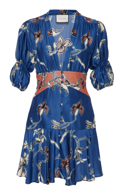 Shop Alexis Nari Floral-print Ruffled Crepe De Chine Mini Dress In Blue