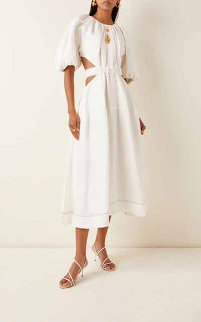 Shop Aje Mimosa Cutout Linen And Silk-blend Midi Dress In White