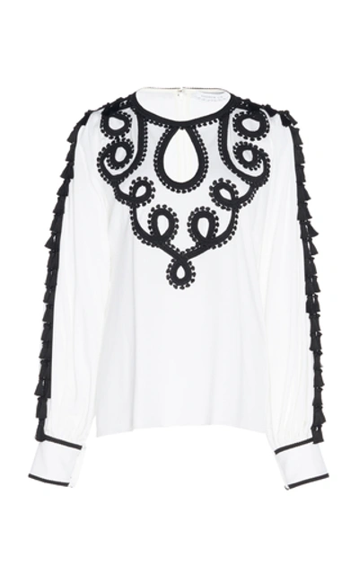 Shop Andrew Gn Tasseled Embroidered Georgette Top In White