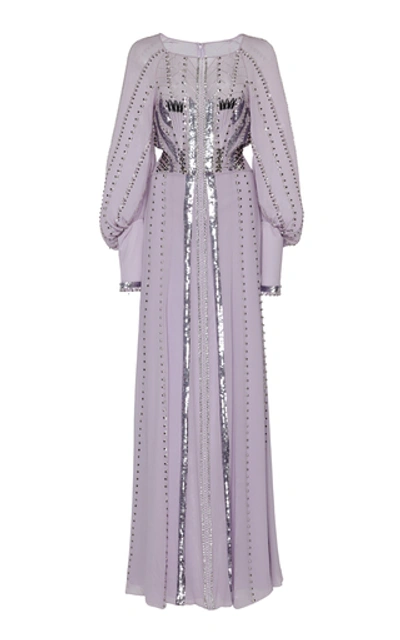 Shop Temperley London Queenie Studded Sequin-embellished Silk Gown In Purple