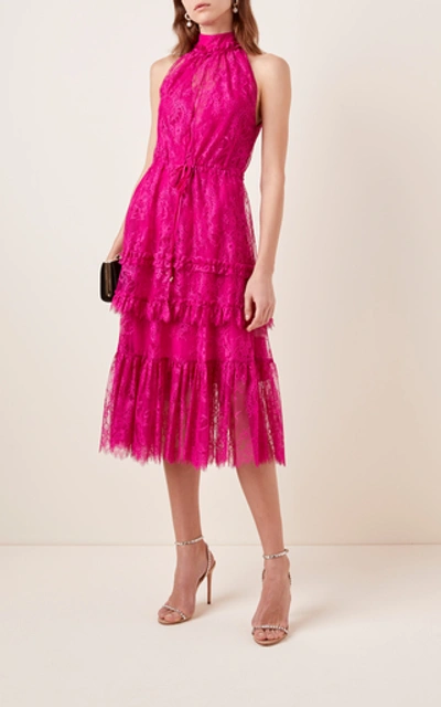 Shop Alexis Magdalina Tiered Halterneck Lace Midi Dress In Pink