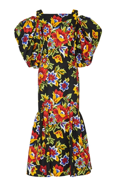 Shop Carolina Herrera Cold-shoulder Floral Cotton And Silk-blend Dress Size In Multi