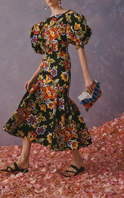 Shop Carolina Herrera Cold-shoulder Floral Cotton And Silk-blend Dress Size In Multi