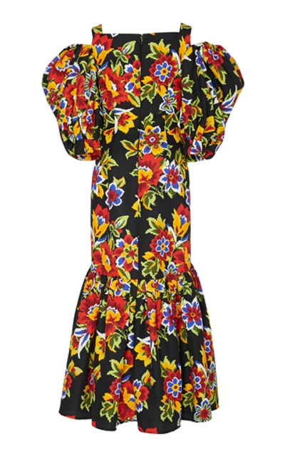 Shop Carolina Herrera Cold-shoulder Floral Cotton And Silk-blend Dress Size In Multi