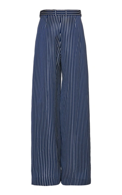 Shop Rokh Striped Georgette Wide-leg Pants In Navy
