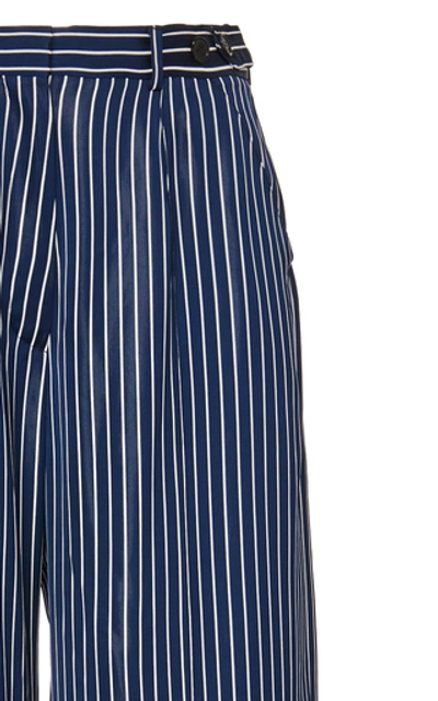 Shop Rokh Striped Georgette Wide-leg Pants In Navy
