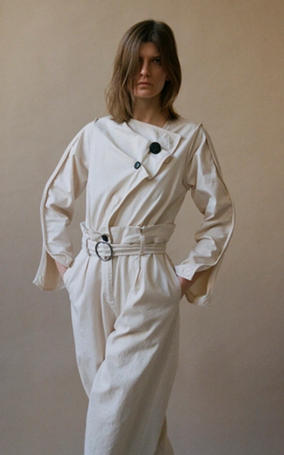Shop Sea Utilitarian Belted Cotton-blend Straight-leg Jumpsuit In White