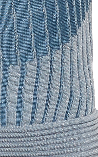 Shop Balmain Cropped Ribbed Jacquard-knit Top In Blue