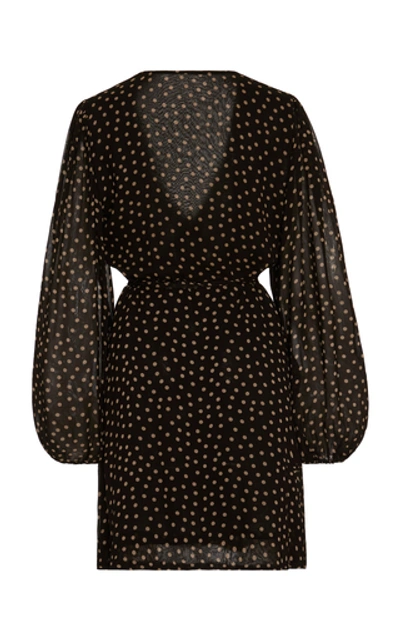 Shop Ganni Polka-dot Georgette Mini Wrap Dress In Black