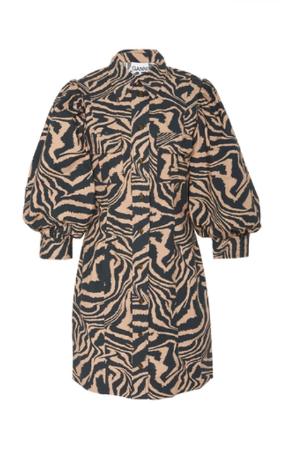 Shop Ganni Zebra-print Poplin Mini Dress In Animal