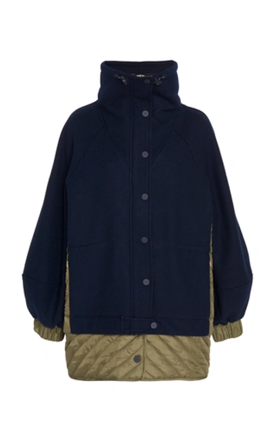 Shop Ganni Paneled Wool-blend And Quilted Shell Jacket In Navy