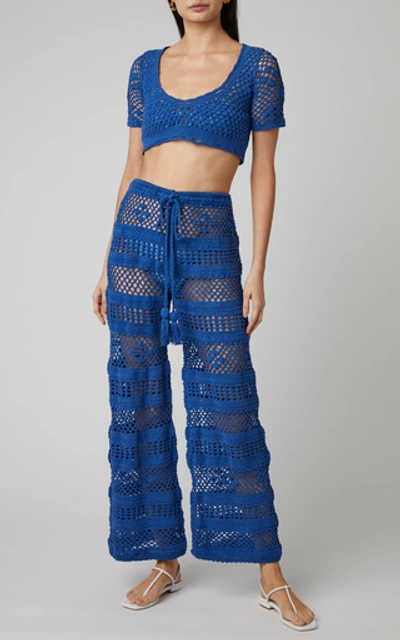 Shop Akoia Swim Lilou Crocheted Cotton Wide-leg Pants In Blue