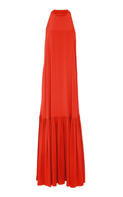 Shop Tibi Pleated Silk-chiffon Halterneck Dress In Red