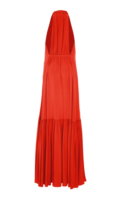 Shop Tibi Pleated Silk-chiffon Halterneck Dress In Red