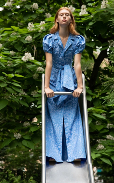 Shop Rosie Assoulin Belted Floral-jacquard Maxi Dress In Blue