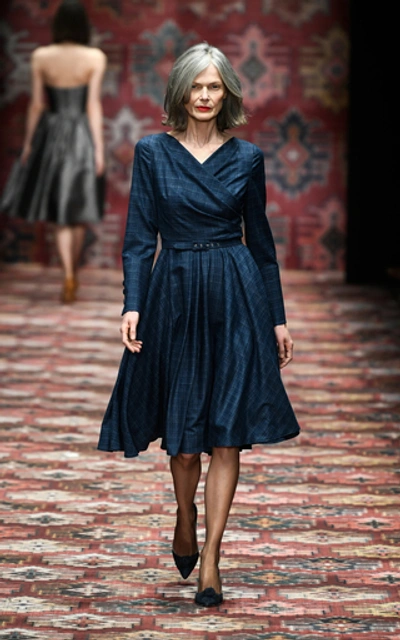 Shop Lena Hoschek Legacy Grid Wool-blend Dress In Blue