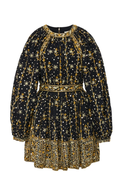 Shop Ulla Johnson Daya Embroidered Linen-cotton Blend Mini Dress In Black