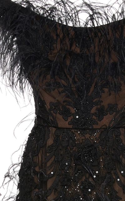 Shop Marchesa Ostrich Feather-embellished Organza Gown In Black