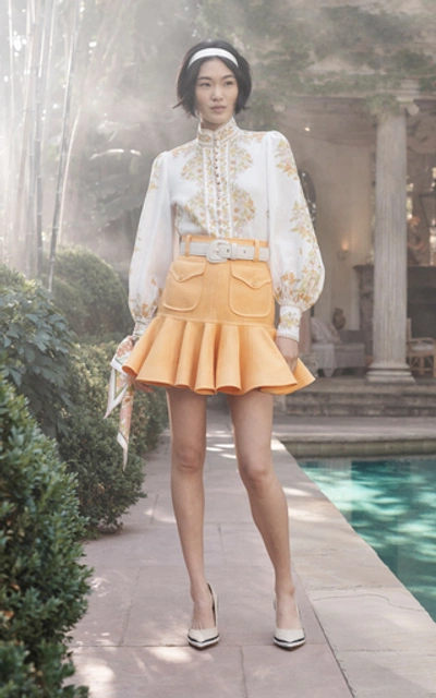 Shop Zimmermann Belted Linen Peplum Mini Skirt In Orange