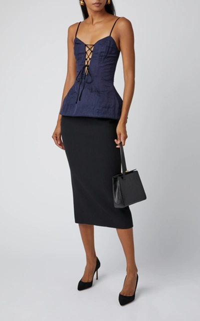 Shop Brock Collection Tie-detailed Peplum Crinkled-twill Top In Navy