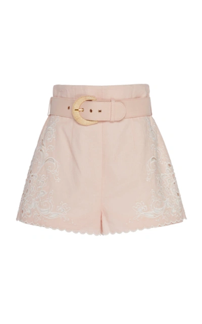 Shop Zimmermann Embroidered Broderie Anglaise Linen Shorts In Pink