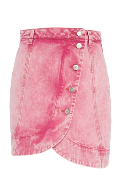 Shop Ganni Asymmetric Acid-wash Denim Mini Skirt In Pink