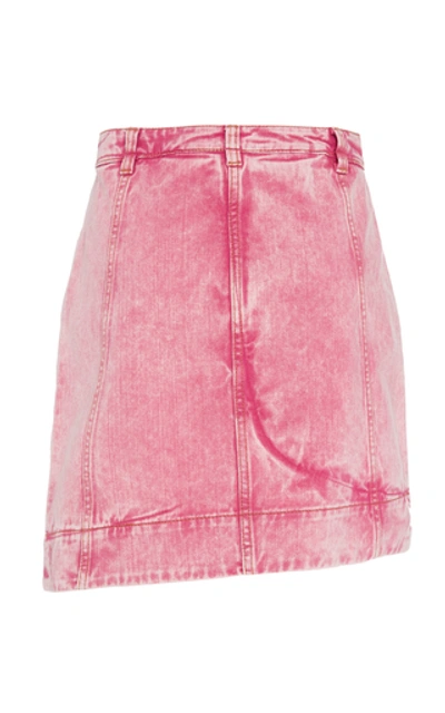 Shop Ganni Asymmetric Acid-wash Denim Mini Skirt In Pink