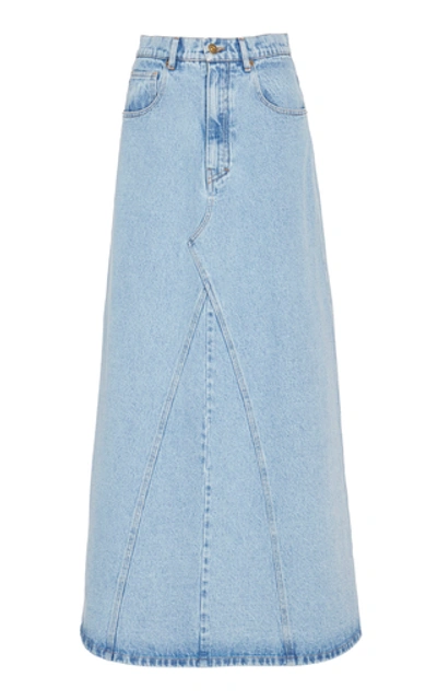 Shop Nanushka Mae Paneled Denim Midi Skirt In Blue