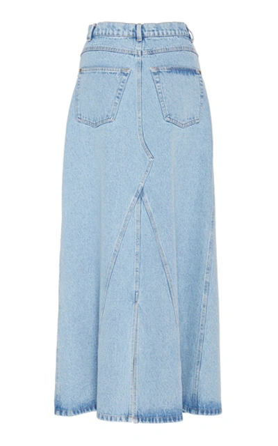 Shop Nanushka Mae Paneled Denim Midi Skirt In Blue