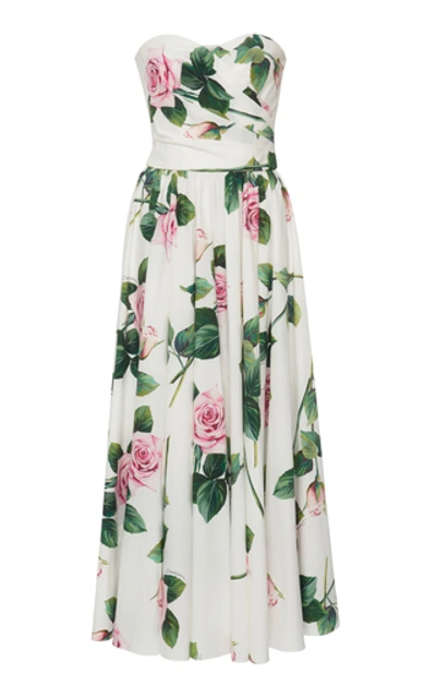 Shop Dolce & Gabbana Strapless Floral-print Cotton-poplin Midi Dress In White