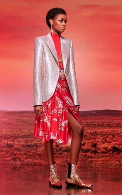 Shop Rabanne Asymmetric Floral-print Stretch-jersey Midi Skirt
