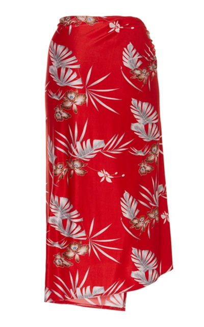 Shop Paco Rabanne Asymmetric Floral-print Stretch-jersey Midi Skirt